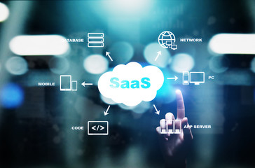 SaaS - Software as a service, on demand. Internet and technology concept on virtual screen.