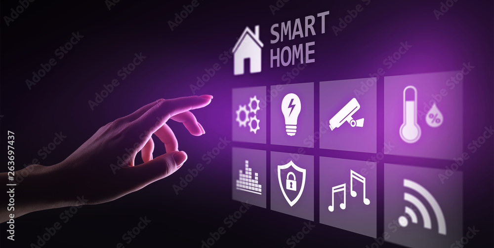 Poster smart home control panel on virtual screen. internet of things, iot, process automation concept.