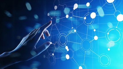 Organisation structure network, corporate relations on virtual screen. Business, Finance and technology concept.