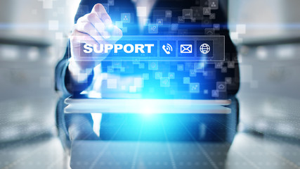 Support button on virtual screen. Customer service and communication concept.