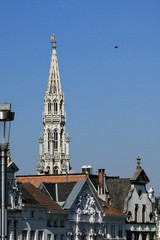 Obraz premium Bell tower of the town hall of Brussels behind typical roofs of houses