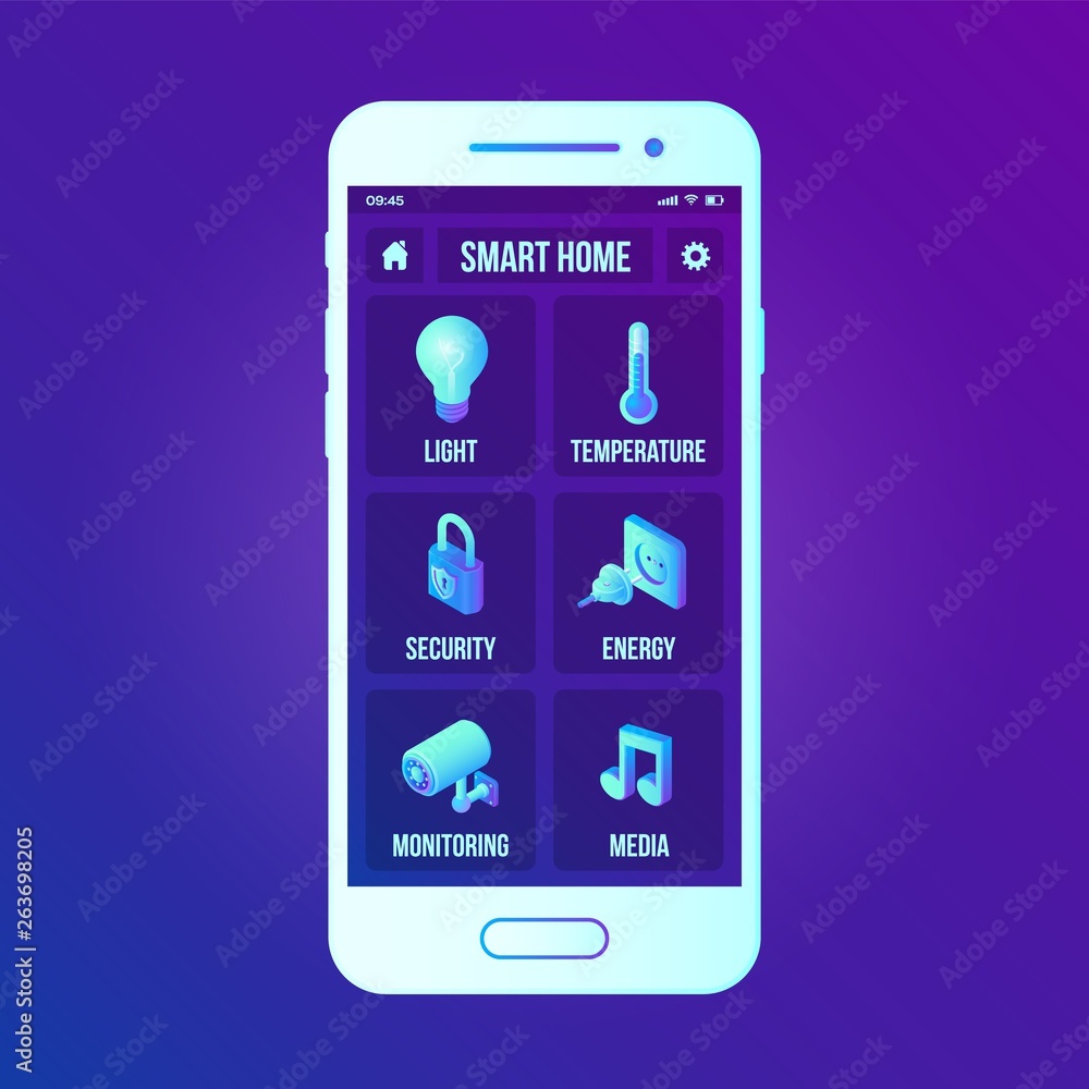 Poster smart home technology interface on smartphone app screen. remote home control system on smartphone. 