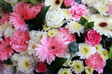Close up of various flowers bright bouquets