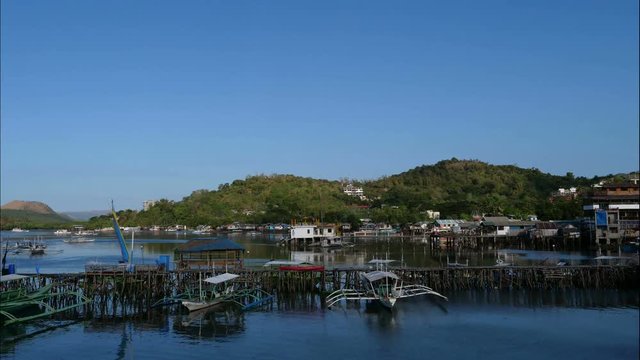 Traditional  banga boats at port of Coron, Philippines, time lapse