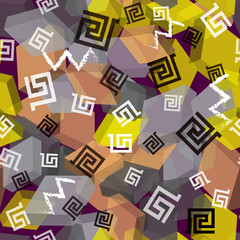 Greek ornamental colorful cubes seamless pattern. Geometric tribal background. Repeat ethnic style backdrop.Flying cubes. Chalck grunge zigzag lines. 3d cubes. Greek key meanders endless ornament.