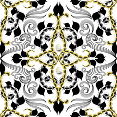 Vintage arabesque style floral vector seamless pattern. Damask ornamental white background with golden beads, 3d pearls, black lines, flowers, leaves. Elegance ornate beautiful hand drawn ornaments