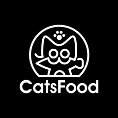 Vector happy cat with fish food logo in outline style
