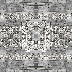 Stone textured greek border seamless pattern. Abstract vector monochrome  background. Repeat geometric tribal stones backdrop. Greek key meander floral ornament.  Ethnic style flowers, shapes, rhombus