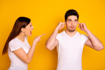 Close up side profile photo two beautiful people she her he him his blaming yell fault aggression...