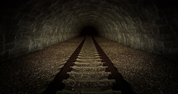 Moving through a railway tunnel into the dark, 3D looping animation