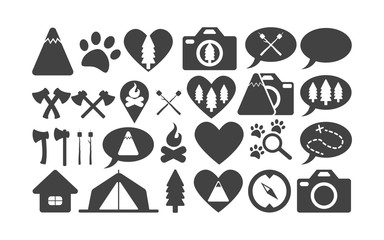 Flat icon collection camping and wild life. Adventure with family. Animals and wood. Mountains and capm fire. Icon for mobile phone and web.