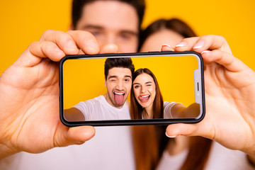 Close-up view portrait of two nice attractive lovely cheerful cheery playful foolish positive...