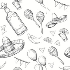 Cinco de Mayo seamless pattern with doodle Hand drawn Mexican symbols- chili pepper, maracas, sombrero, nachos, tequila, balloons, flag garland. Sketch. For wallpaper, web page background