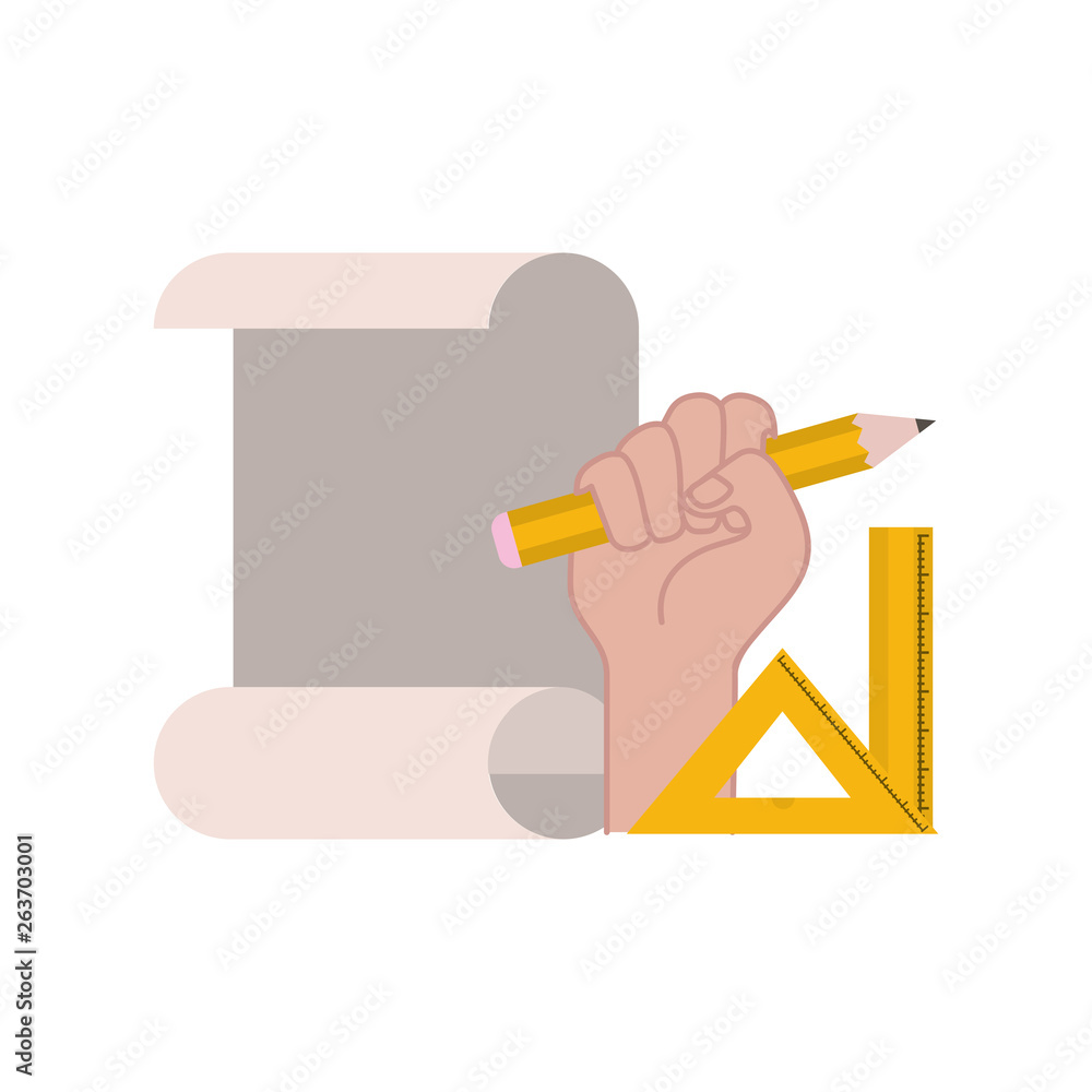 Sticker hand with construction plan isolated icon