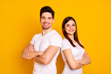 Close up photo beautiful she her he him his pair stand back side close teamwork self-confident...