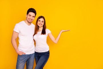 Close up photo two people she her he him his pair hold open palm empty space banner placard sale...