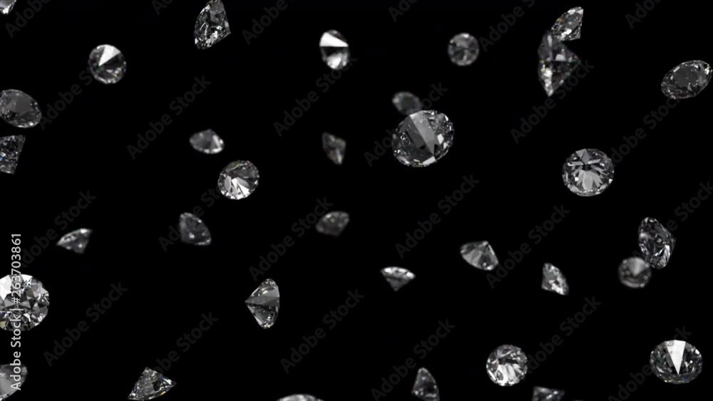 Poster falling shining diamonds 3d render on black isolated background with luma matte, seamless loop 4k cg