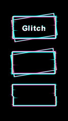  Frame in glith style. Vector drawing, imitation of interference, digital noise, problems. Set of abstract borders with clips, scratches for text on black background