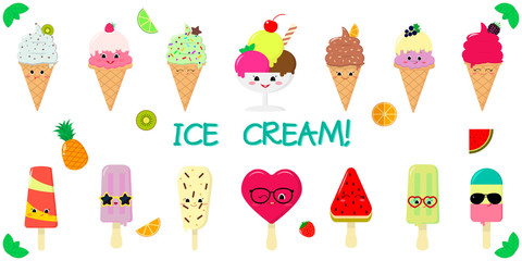 A set of fourteen cute kawaii character smile ice cream, in a waffle cup and on a stick, juicy fruits and berries on a white background and text. Flat style vector illustration