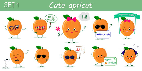 Set of ten cute kawaii ripe apricot characters in various poses and accessories in cartoon style. Vector illustration, flat design