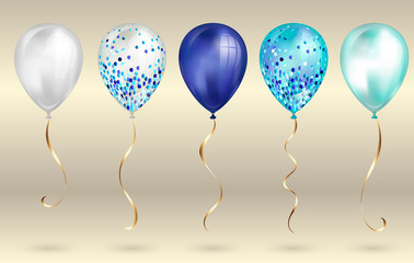 Set of 5 shiny realistic 3D blue helium balloons for your design. Glossy balloons with glitter and gold ribbon, perfect decoration for birthday party brochures, invitation card or baby shower