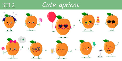 Set of ten cute kawaii ripe apricot characters in various poses and accessories in cartoon style. Vector illustration, flat design