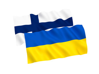 National fabric flags of Ukraine and Finland isolated on white background. 3d rendering illustration. 1 to 2 proportion.
