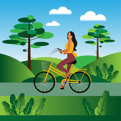 Young woman riding a bicycle on a park road. A girl on a yellow bike travels outside the city in nature. Flat design, vector illustration.