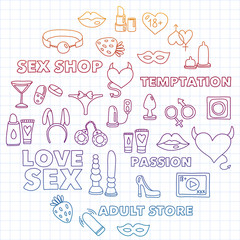 Vector set with sex shop icons. Erotic fetish games background.