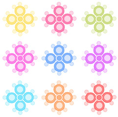 Set of colorful flowers, isolated vector elements on the white background, flat style, abstract objects for greeting card, pattern, banner, packaging, print and other