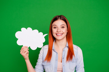 Portrait of charming lovely lady millennial hold hand paper card bubble give advert dialogue feel...