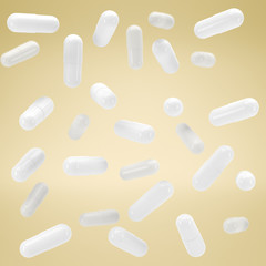 3D White capsule vitamins. White pills in flight. 3d render. 3D image. 3D model