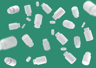 3D White bottle vitamins. White can in flight. 3d render. 3D image. 3D model