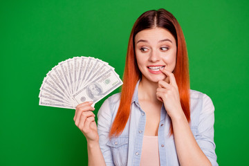 Portrait of cute pretty funny funky lady hold hand look salary wages cunning idea thoughts long...