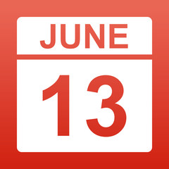 June 13. White calendar on a colored background. Day on the calendar. Red background with gradient. Simple vector illustration.