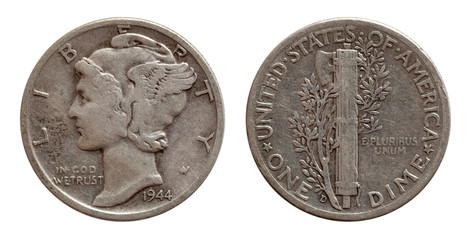Dime ten cents US coin silver both sides isolated on white