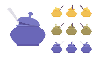 Pot set, kitchen appliance. Round lidded cauldron for storage, serving, sugar bowl, kitchenware accessory. Vector flat style cartoon illustration isolated on white background, different views, colors