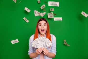 Portrait funny funky people content positive cheerful astonished incredible impressed wages bank...
