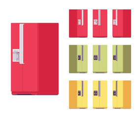 Fridge bright set, kitchen equipment. Refrigerator to keep cool, appliance to store food and drink fresh. Vector flat style cartoon illustration isolated on white background, different views, colors