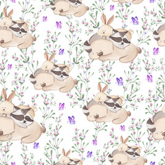 Seamless pattern of sleepy raccoon, bunny and teddy. Cute watercolor illustration