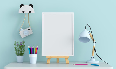 Blank photo frame for mockup on table, 3D rendering