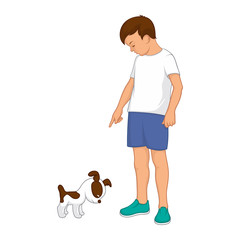 The boy discipline the puppy. Punishment In Dog Training. Stock Vector illustration.