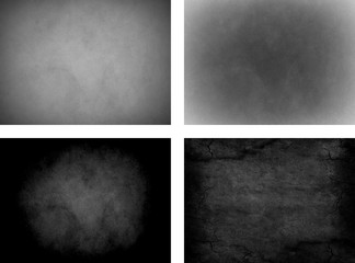 Set of four grunge overlay textures. One shadowed corners and glowing center. One shadowed center and glowing corners. Two very dark edges and lighter center. 