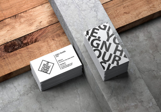 2 Stacks of Business Cards on Stone and Wood Background Mockup