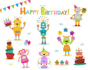 Cute Birthday Robot Character Set 