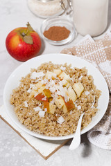 healthy breakfast quinoa with apple and coconut on white table, vertical top view