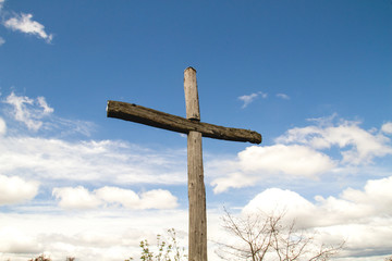 Old wooden cruceiro in Galicia, Spain