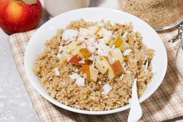 healthy breakfast quinoa with apple and coconut, top view closeup