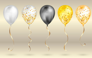 Set of 5 shiny black and gold realistic 3D helium balloons for your design. Glossy balloons with glitter and gold ribbon, perfect decoration for birthday party brochures, invitation card 