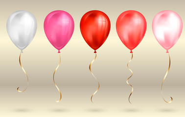 Set of 5 shiny red and pink realistic 3D helium balloons for your design. Glossy balloons with glitter and gold ribbon, perfect decoration for birthday party brochures, invitation card or baby shower